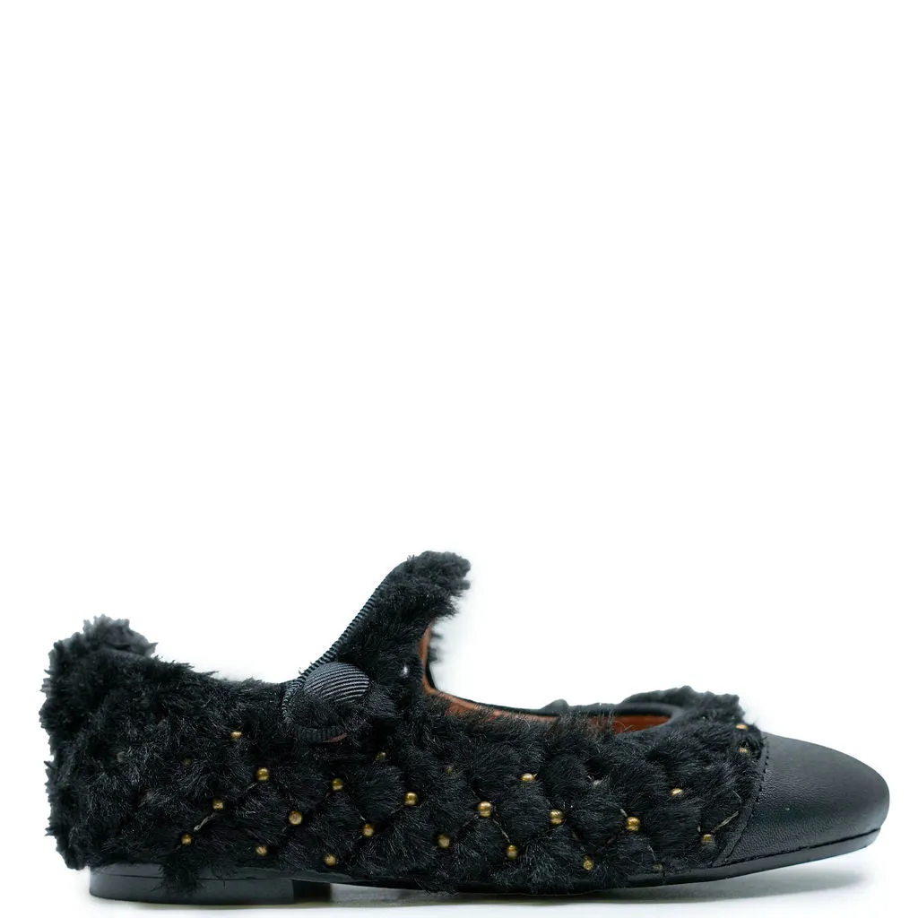 Papanatas Black Fur and Gold Stud Mary Jane