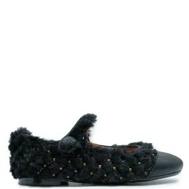 Papanatas Black Fur and Gold Stud Mary Jane