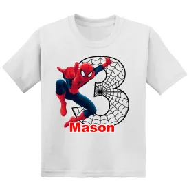Personalized Super Spider Hero Birthday Shirt | Personalized With Name and Age | Handmade Decorated Shirt | Unisex White T-Shirt