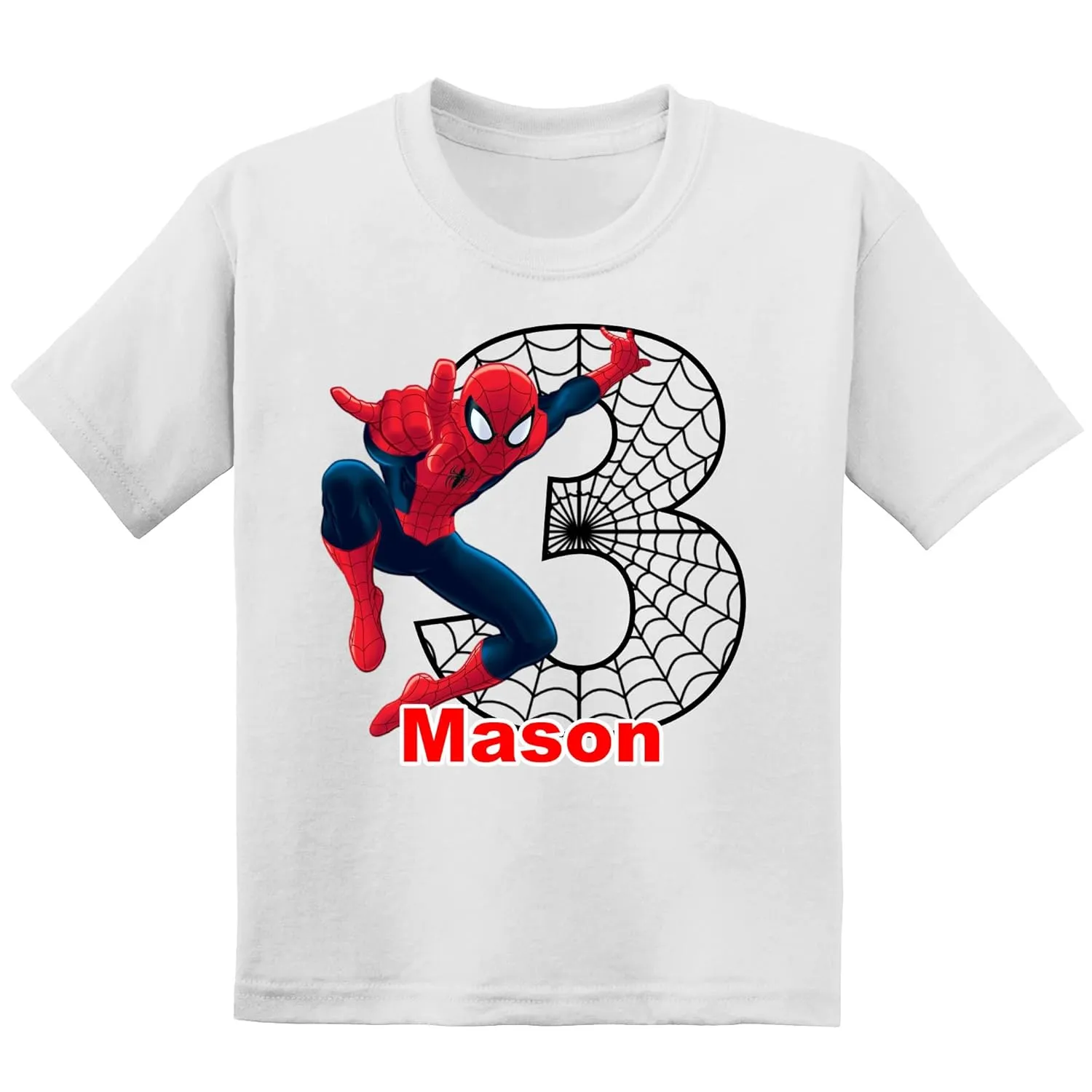 Personalized Super Spider Hero Birthday Shirt | Personalized With Name and Age | Handmade Decorated Shirt | Unisex White T-Shirt