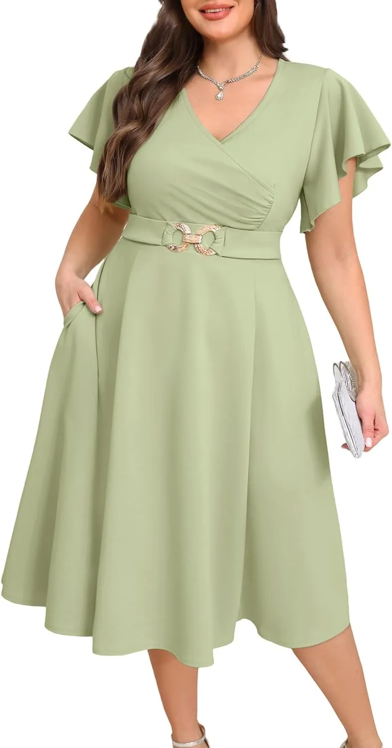 Pinup Fashion Women Plus Size Dresses for Wedding Guest - Cocktail Semi Formal A-Line Midi Dress with Pockets