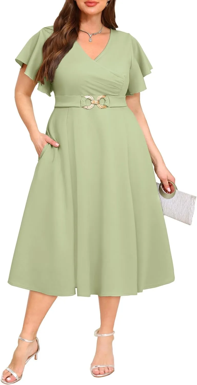 Pinup Fashion Women Plus Size Dresses for Wedding Guest - Cocktail Semi Formal A-Line Midi Dress with Pockets