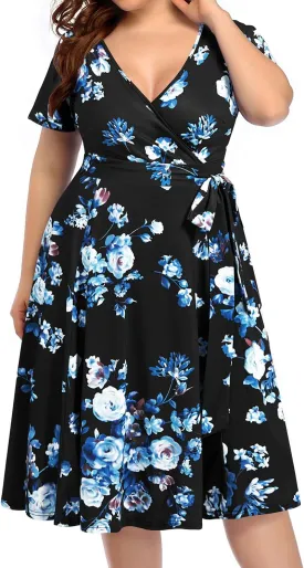 Pinup Fashion Women Plus Size Dresses Wedding Guest - Semi Formal Cocktail Wrap Empire Waist Midi Dress