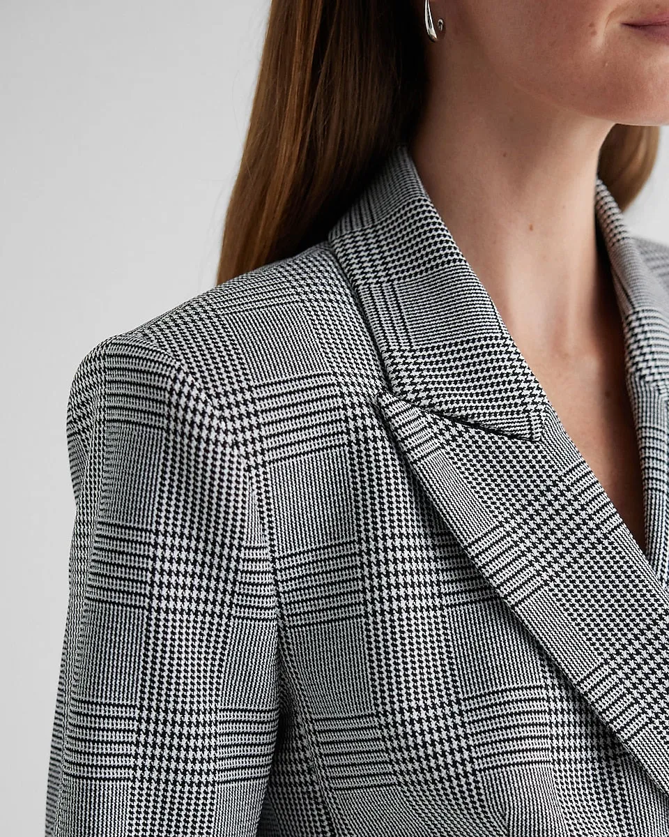 Plaid Double Breasted Cropped Blazer in Gray Print