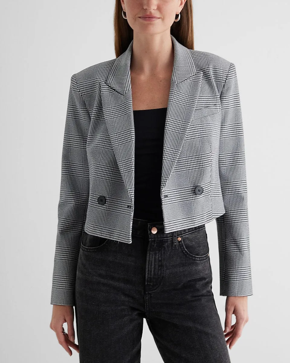 Plaid Double Breasted Cropped Blazer in Gray Print