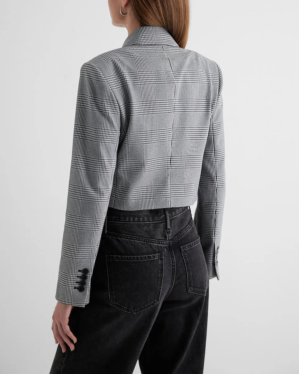 Plaid Double Breasted Cropped Blazer in Gray Print