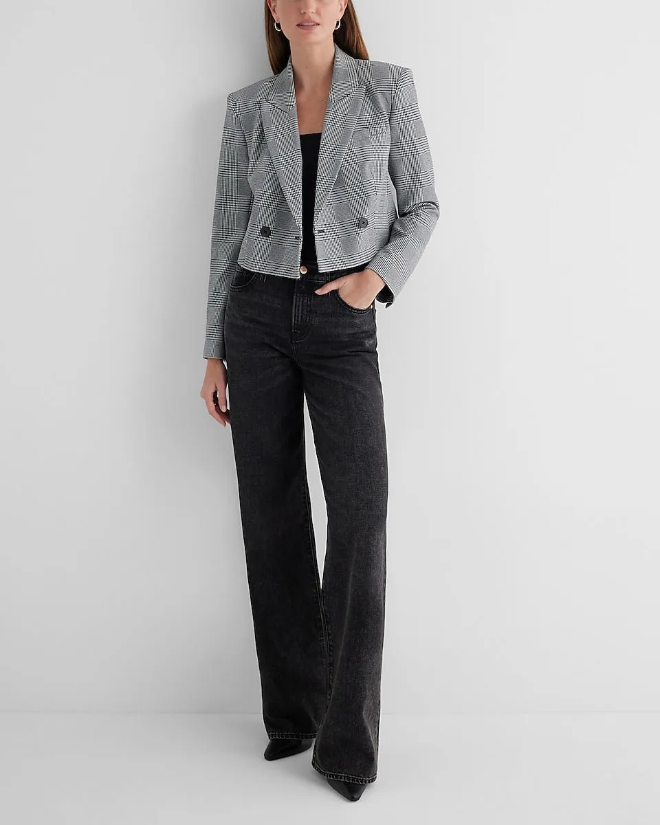 Plaid Double Breasted Cropped Blazer in Gray Print