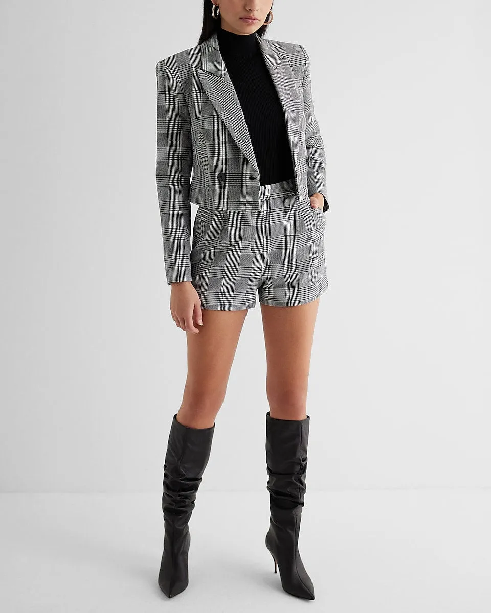 Plaid Double Breasted Cropped Blazer in Gray Print