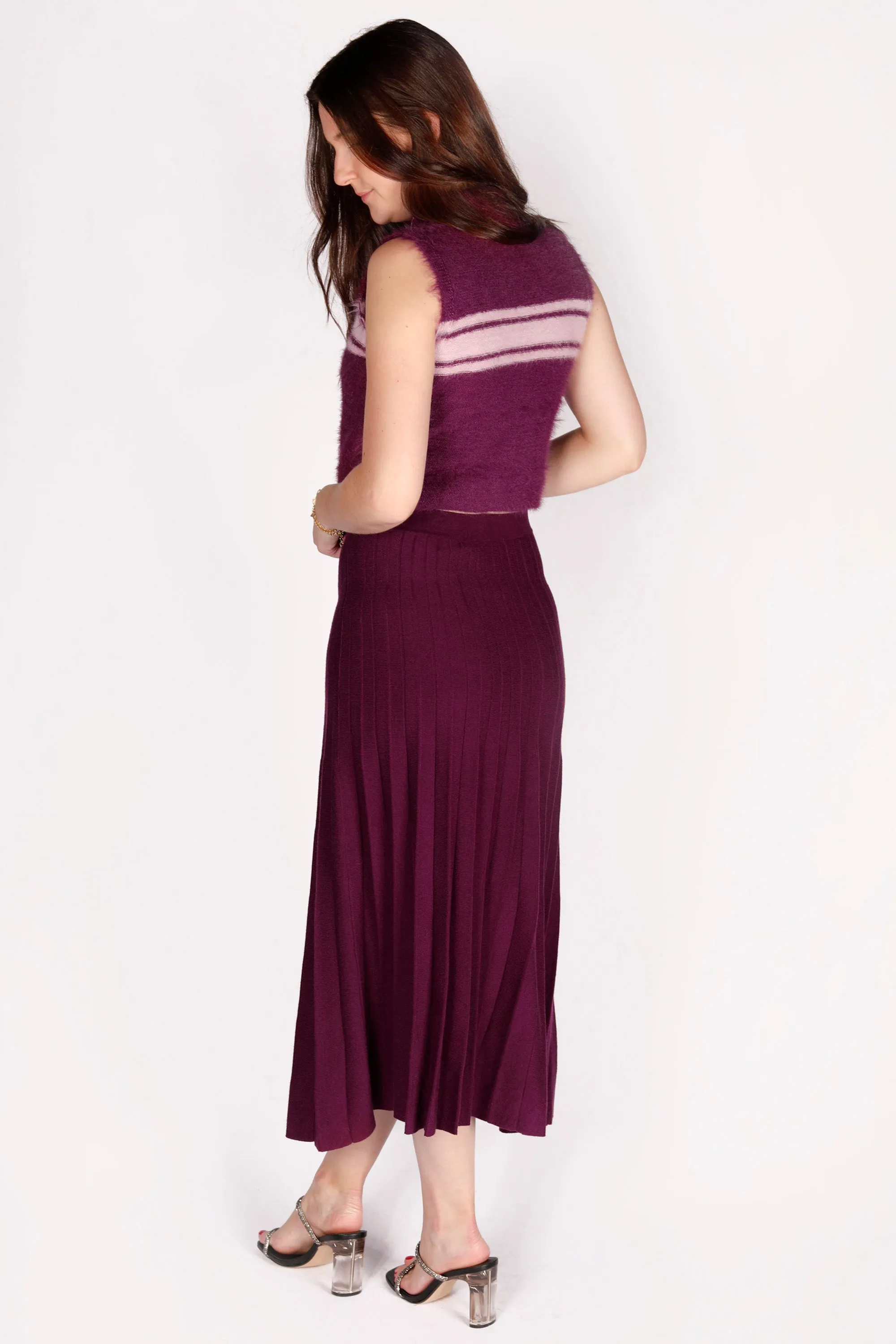 Plum Pleated Knit Midi Skirt