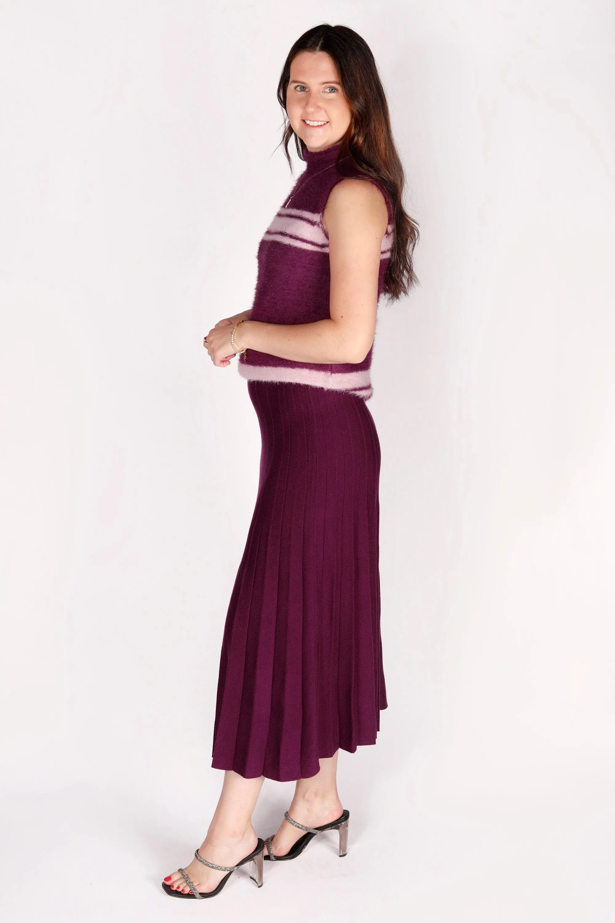 Plum Pleated Knit Midi Skirt