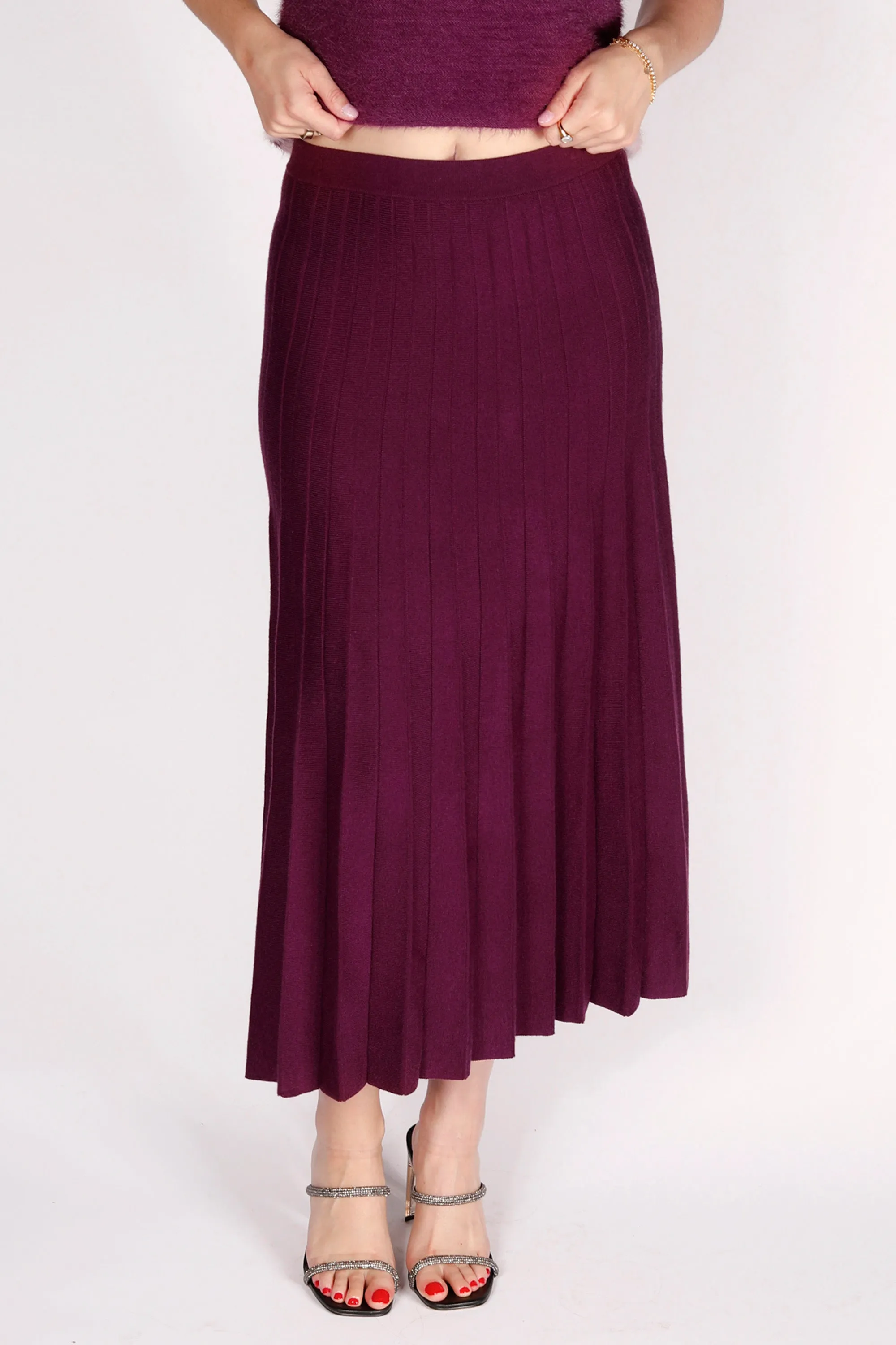 Plum Pleated Knit Midi Skirt