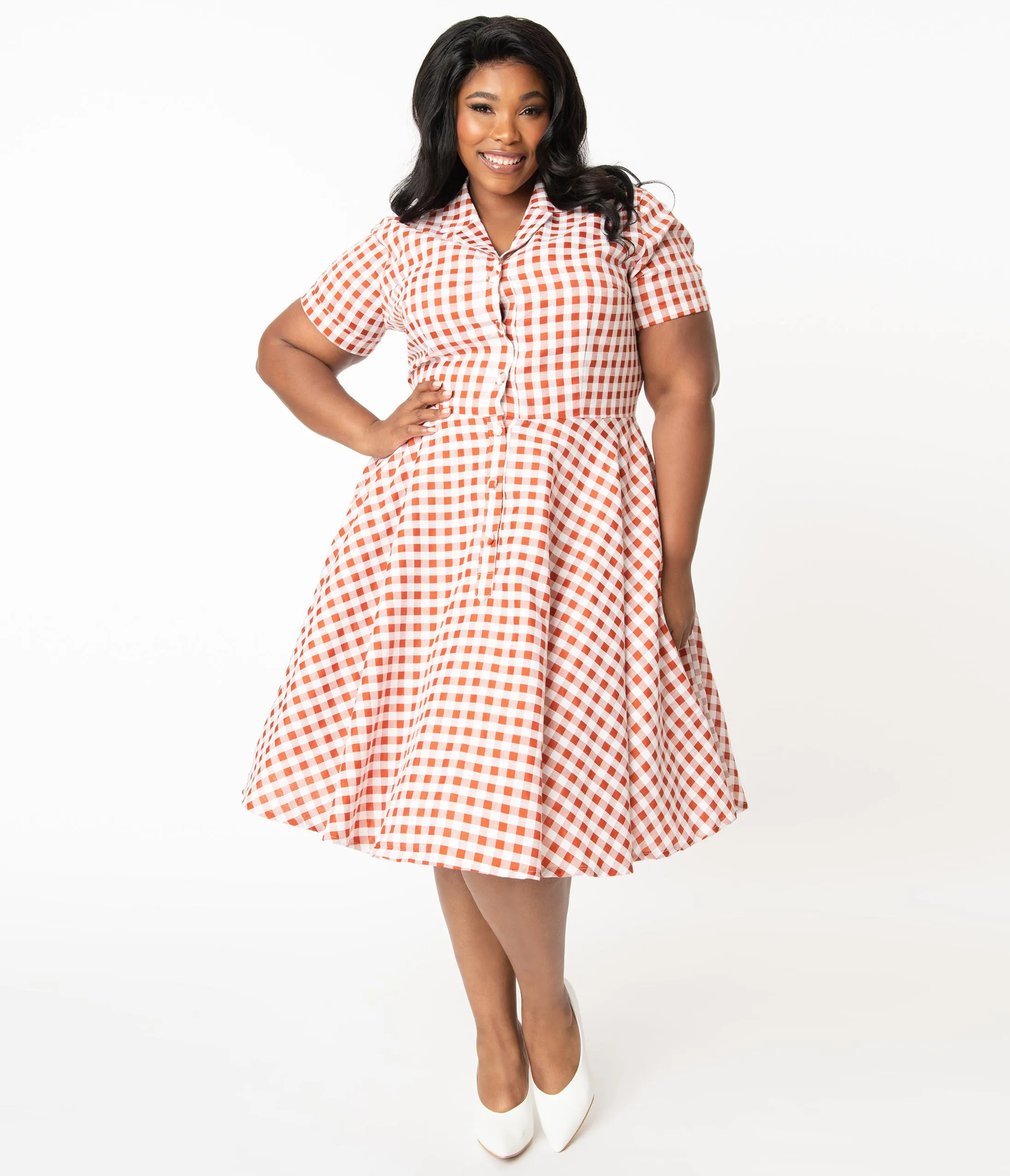 Plus Size 1950s Rust Red & White Gingham Caterina Swing Dress