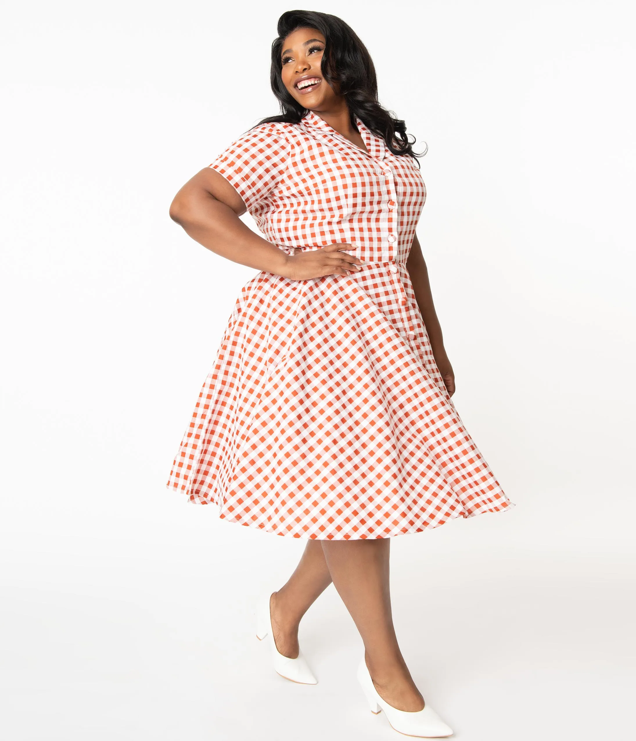 Plus Size 1950s Rust Red & White Gingham Caterina Swing Dress