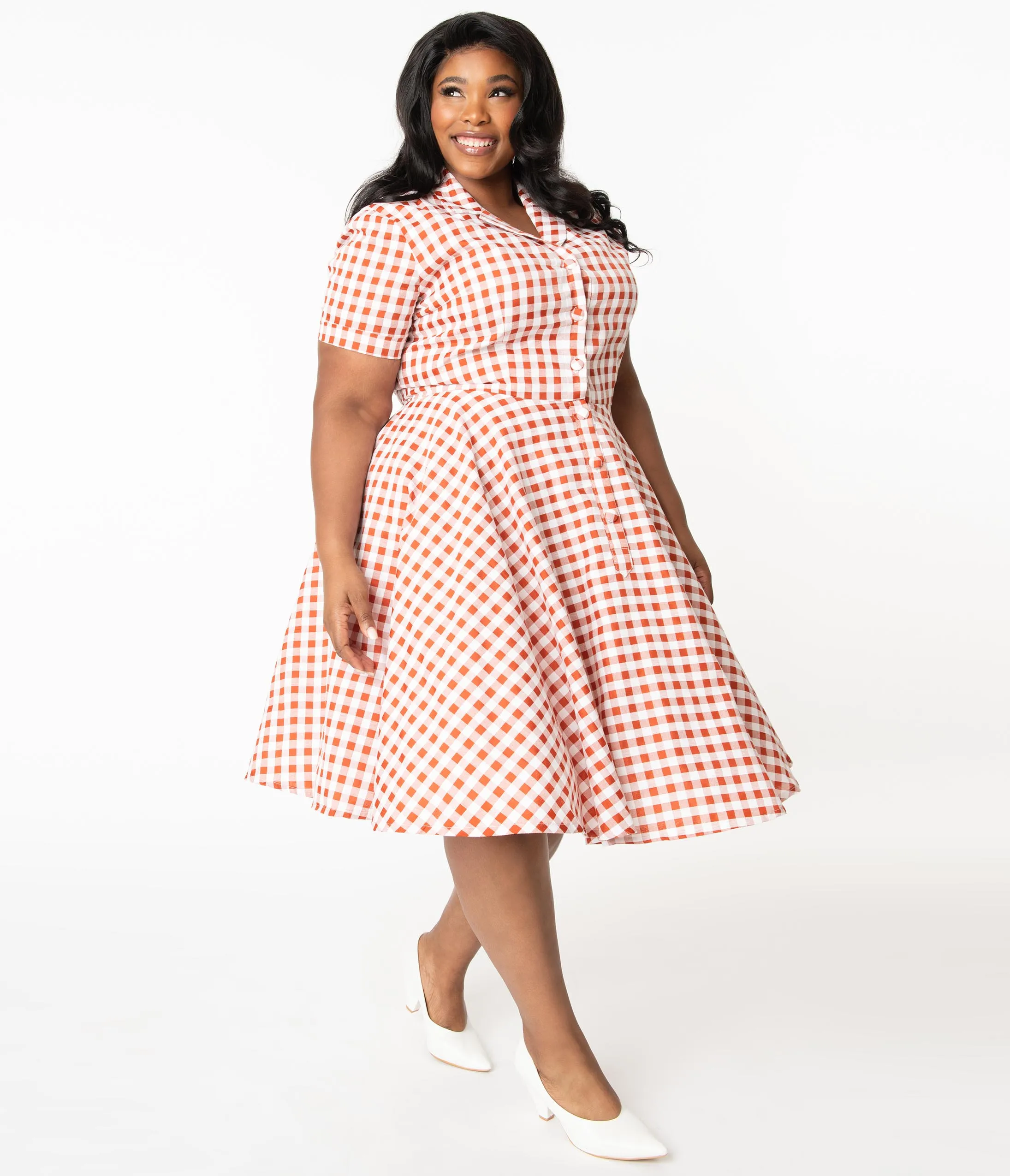 Plus Size 1950s Rust Red & White Gingham Caterina Swing Dress