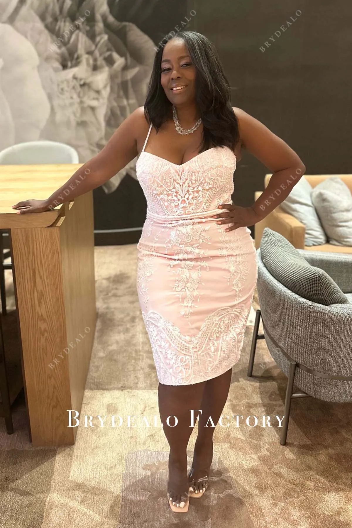 Plus Size Designer Beaded Lace Blush Knee Length Birthday Prom Dress
