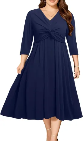 Plus Size Dress for Women Twist Knot V Neck 3/4 Sleeves A Line Wedding Guest Midi Dresses