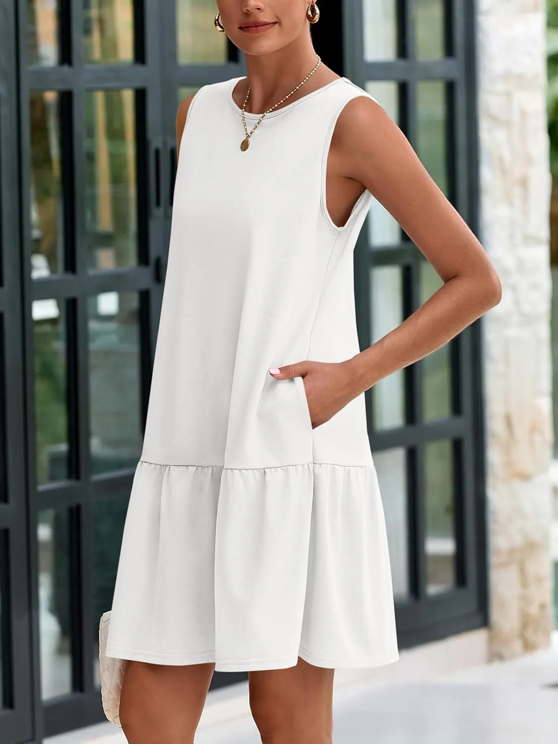 PRETTYGARDEN Casual Short Summer Dresses for Women 2025 Sleeveless Crewneck Cute Ruffle Loose Vacation Mini Tshirt Dress