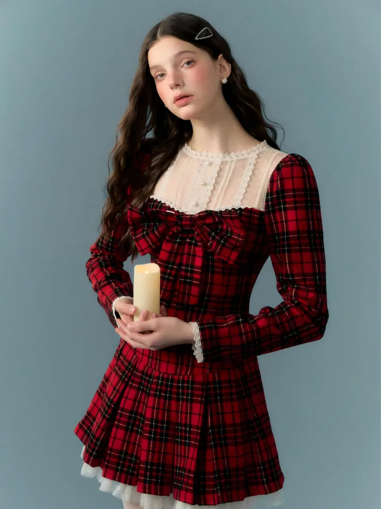 Red lace plaid skirt dress【s0000005658】