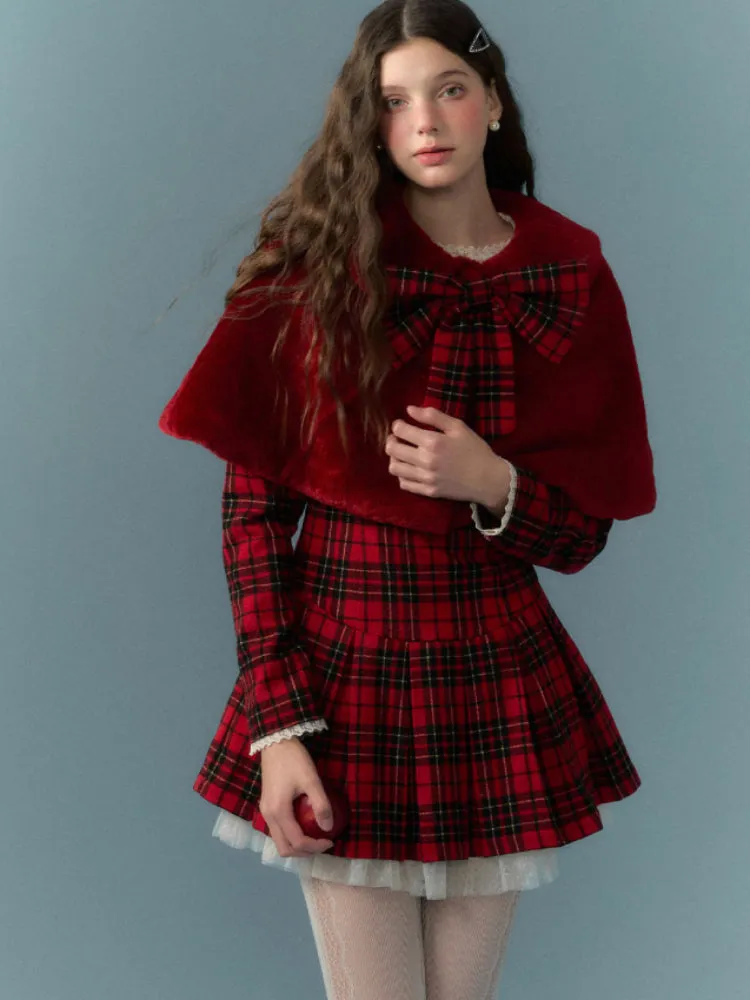 Red lace plaid skirt dress【s0000005658】