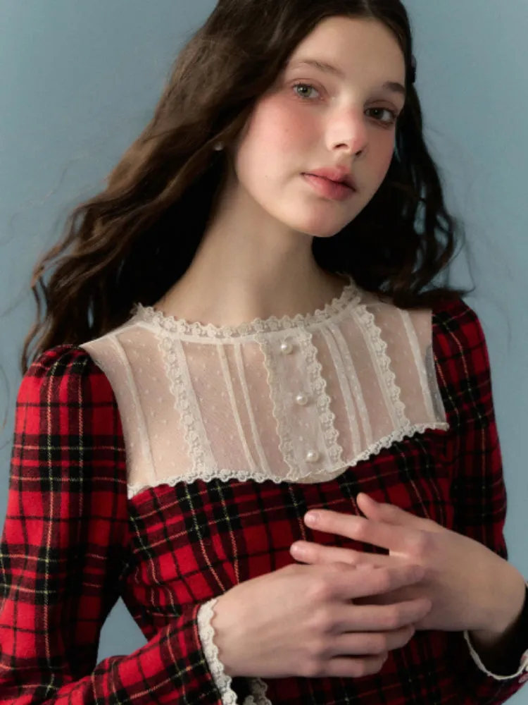 Red lace plaid skirt dress【s0000005658】