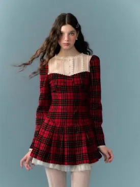 Red lace plaid skirt dress【s0000005658】