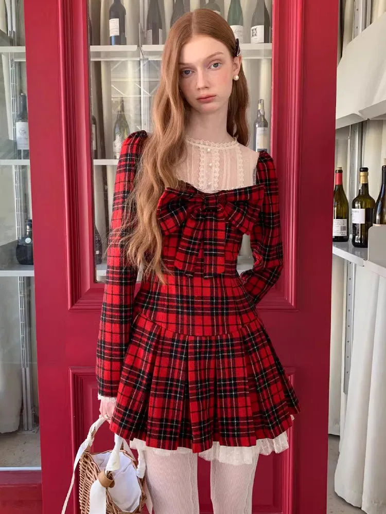 Red lace plaid skirt dress【s0000005658】