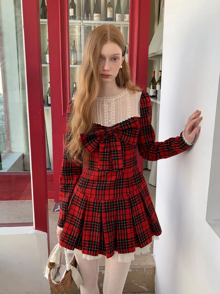 Red lace plaid skirt dress【s0000005658】