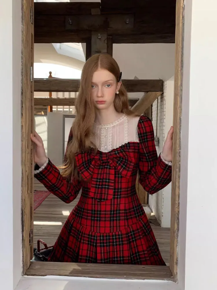 Red lace plaid skirt dress【s0000005658】