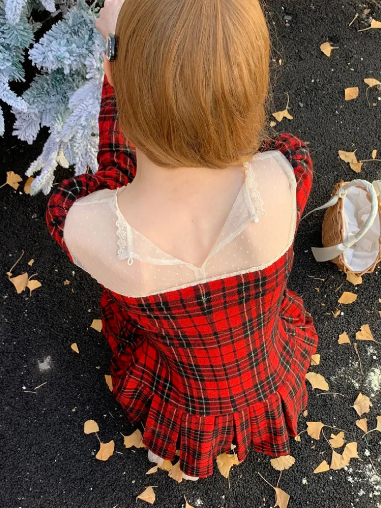 Red lace plaid skirt dress【s0000005658】