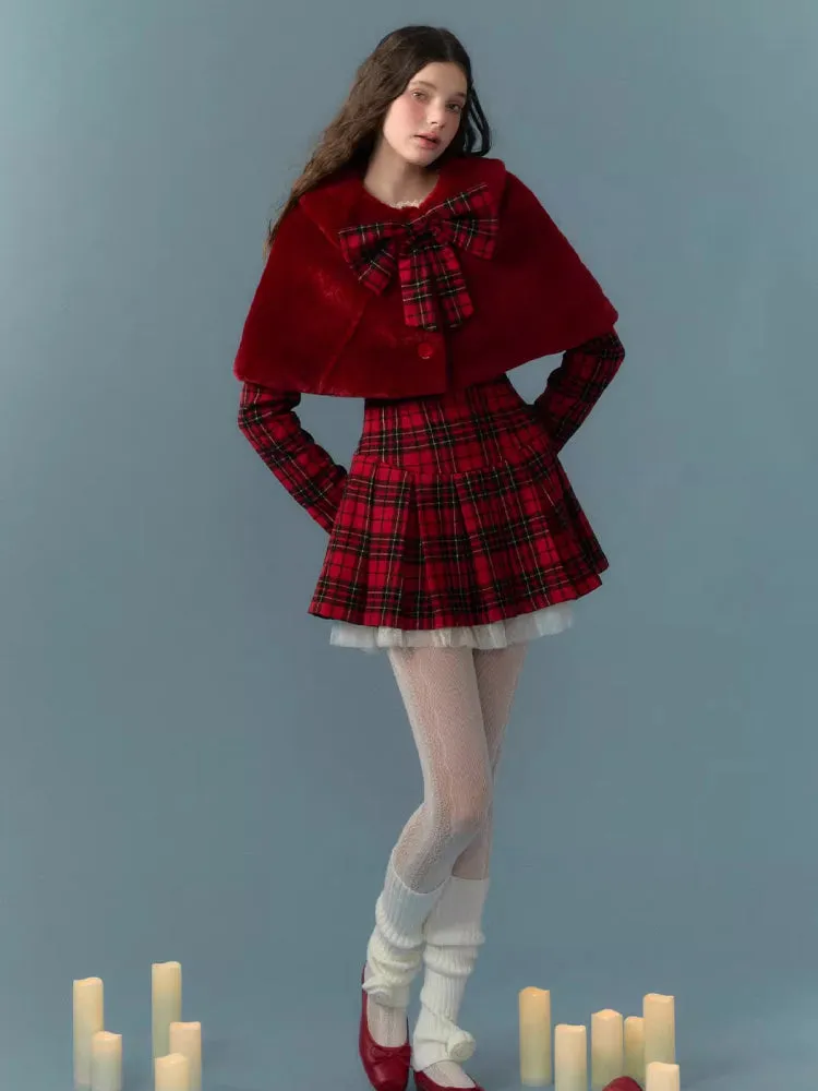 Red lace plaid skirt dress【s0000005658】