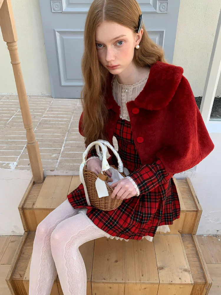 Red lace plaid skirt dress【s0000005658】