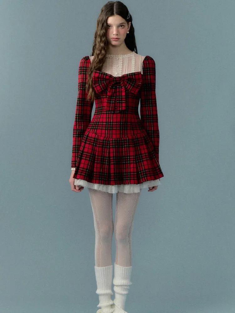 Red lace plaid skirt dress【s0000005658】