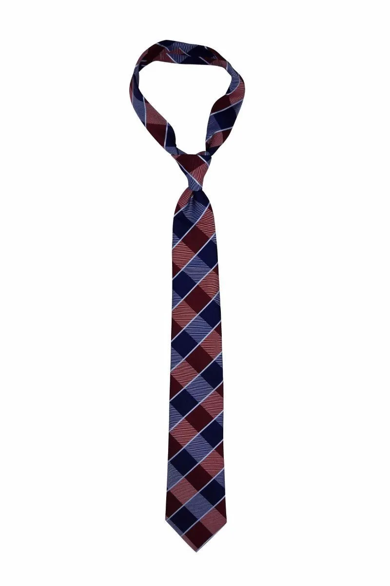 Red Navy Silver Plaid Skinny Tie