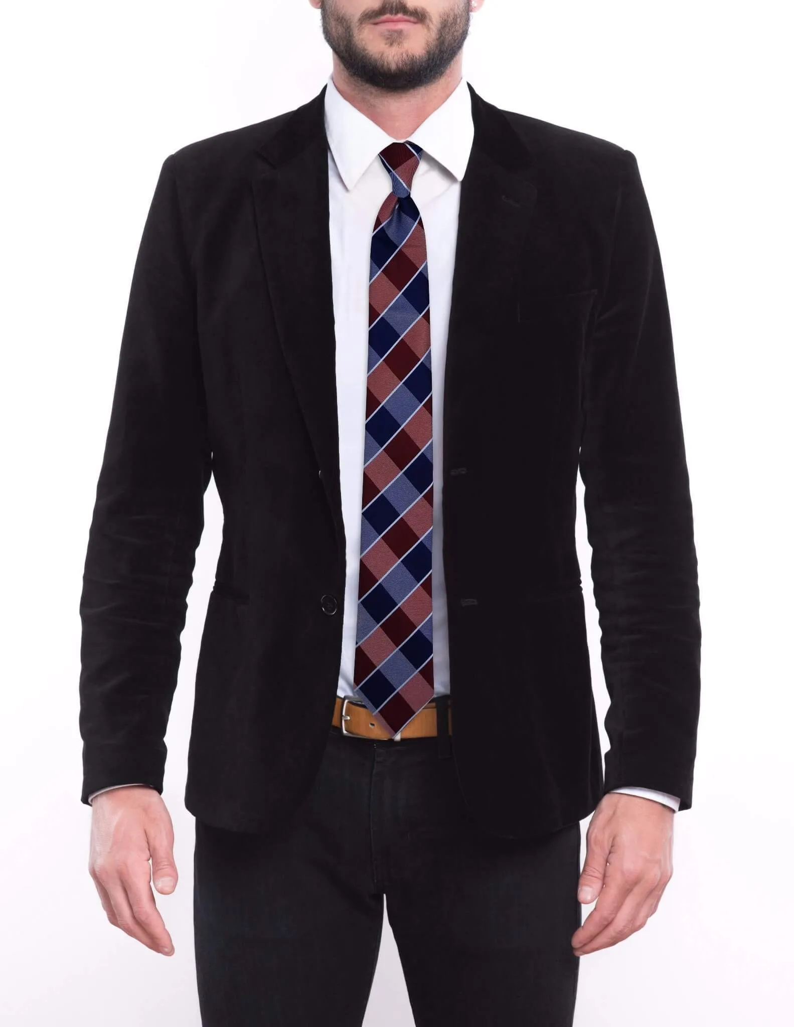 Red Navy Silver Plaid Skinny Tie