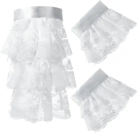 Riyiper 2 Pieces Victorian Lace Jabot and Cuffs Set Pirate Costume Colonial Lace Collar Fake Sleeve Steampunk Clothing Accessories for Halloween Cosplay Parties White