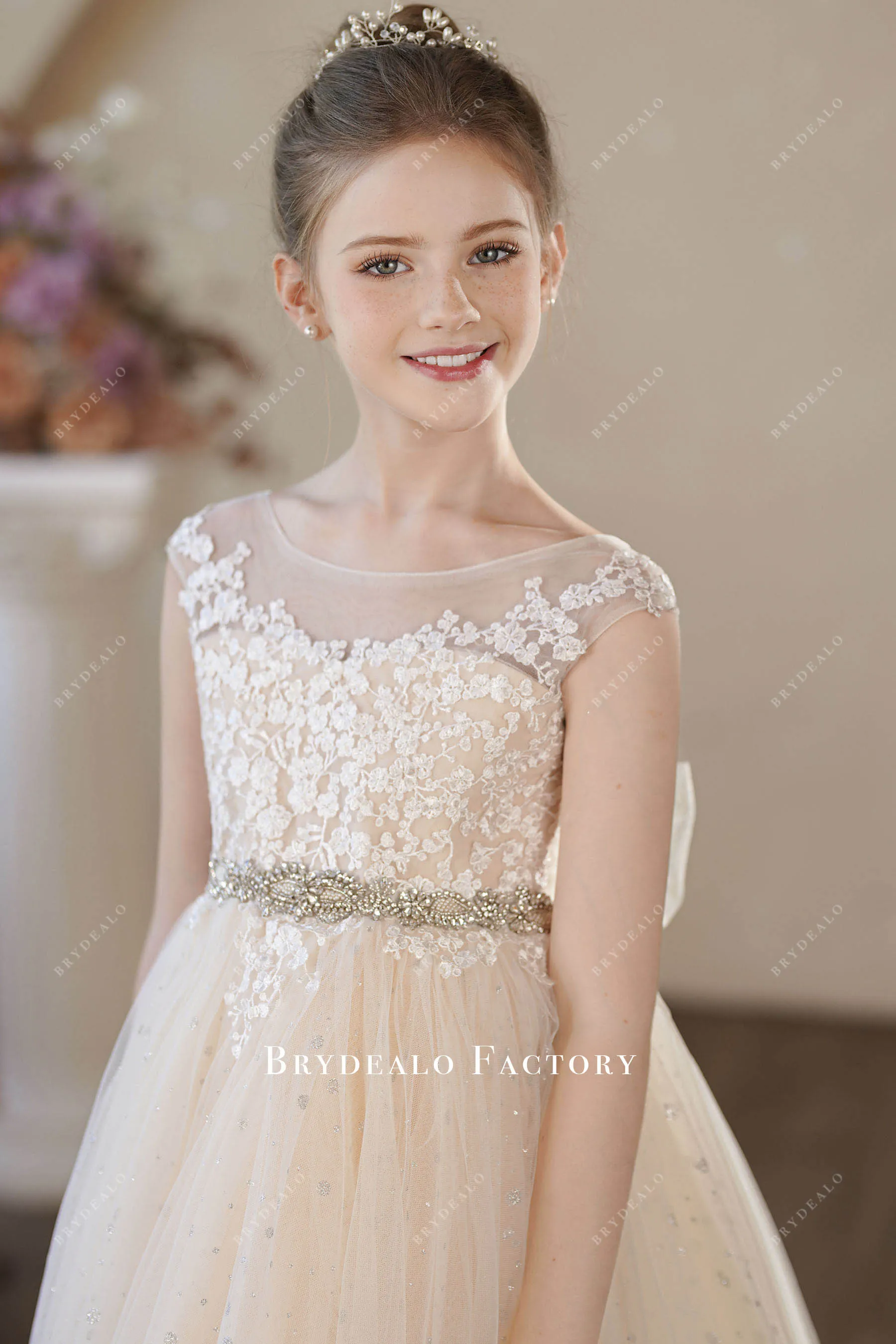 Romantic Lace Tulle Champagne Big Bow Flower Girl Dress