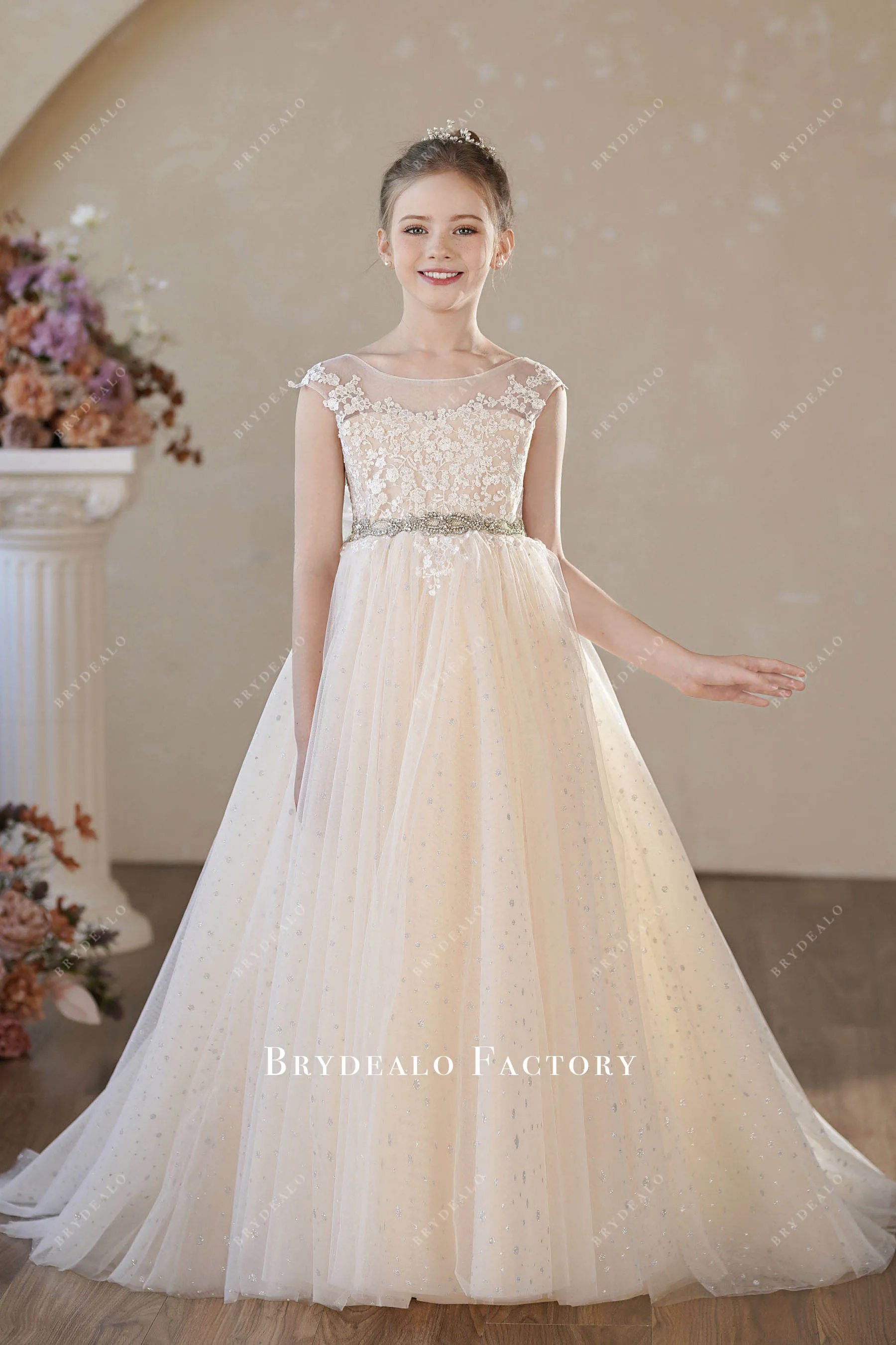 Romantic Lace Tulle Champagne Big Bow Flower Girl Dress