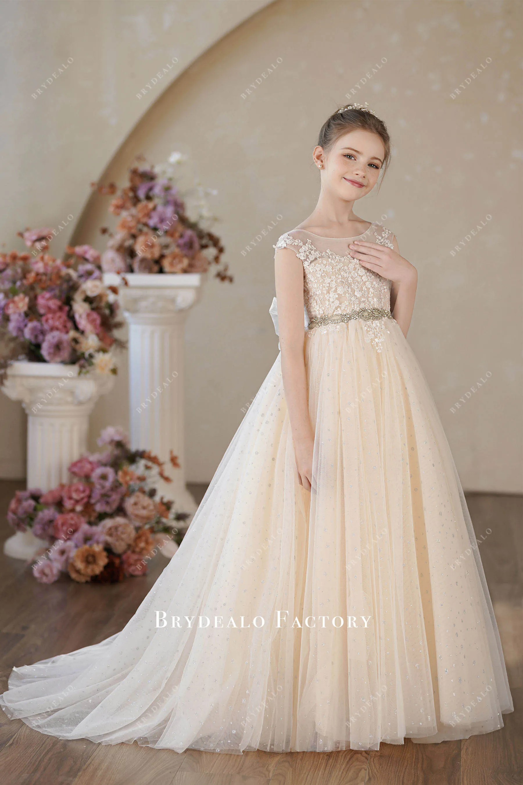 Romantic Lace Tulle Champagne Big Bow Flower Girl Dress
