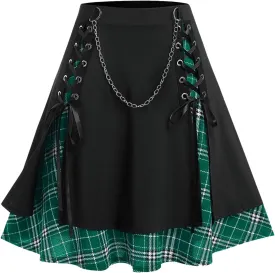 ROSE GAL Women's Plus Size Mini A-Line Gothic Skirt Casual Plain Chain Detail High Waisted Short Stitching Plaid Pleated