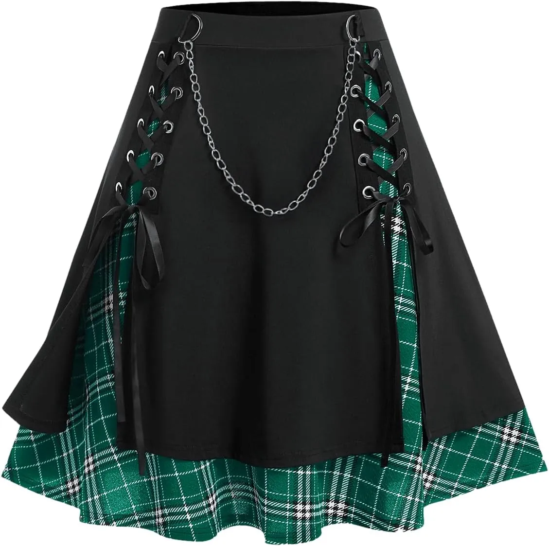 ROSE GAL Women's Plus Size Mini A-Line Gothic Skirt Casual Plain Chain Detail High Waisted Short Stitching Plaid Pleated