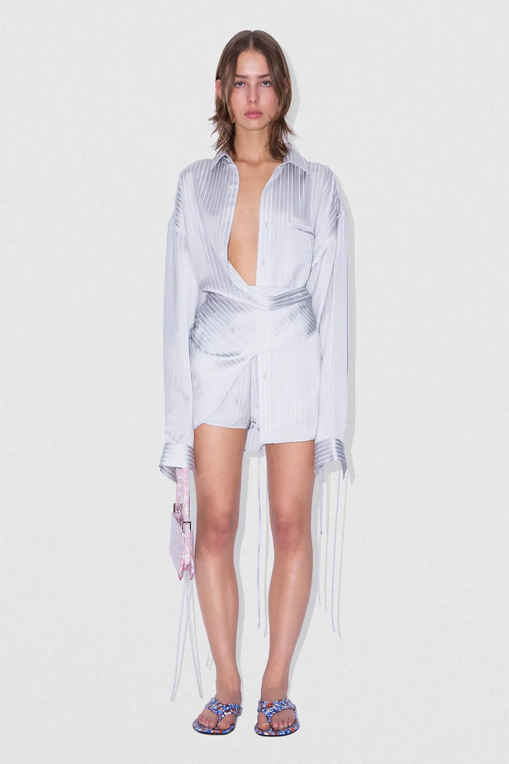 Satin Pin Stripe Shirt Grey And White Viscose Blend