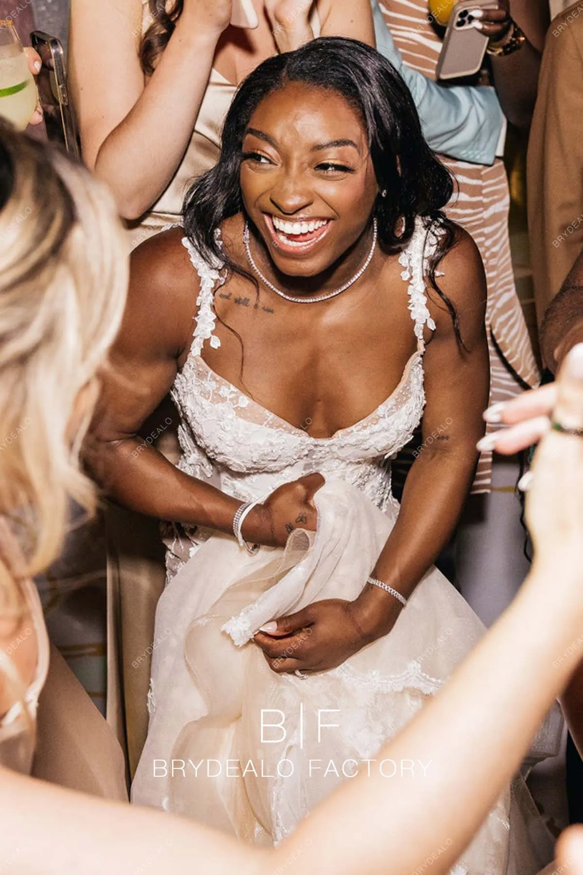 Simone Biles Designer Lace Cutouts Champagne Trumpet Wedding Reception Dress