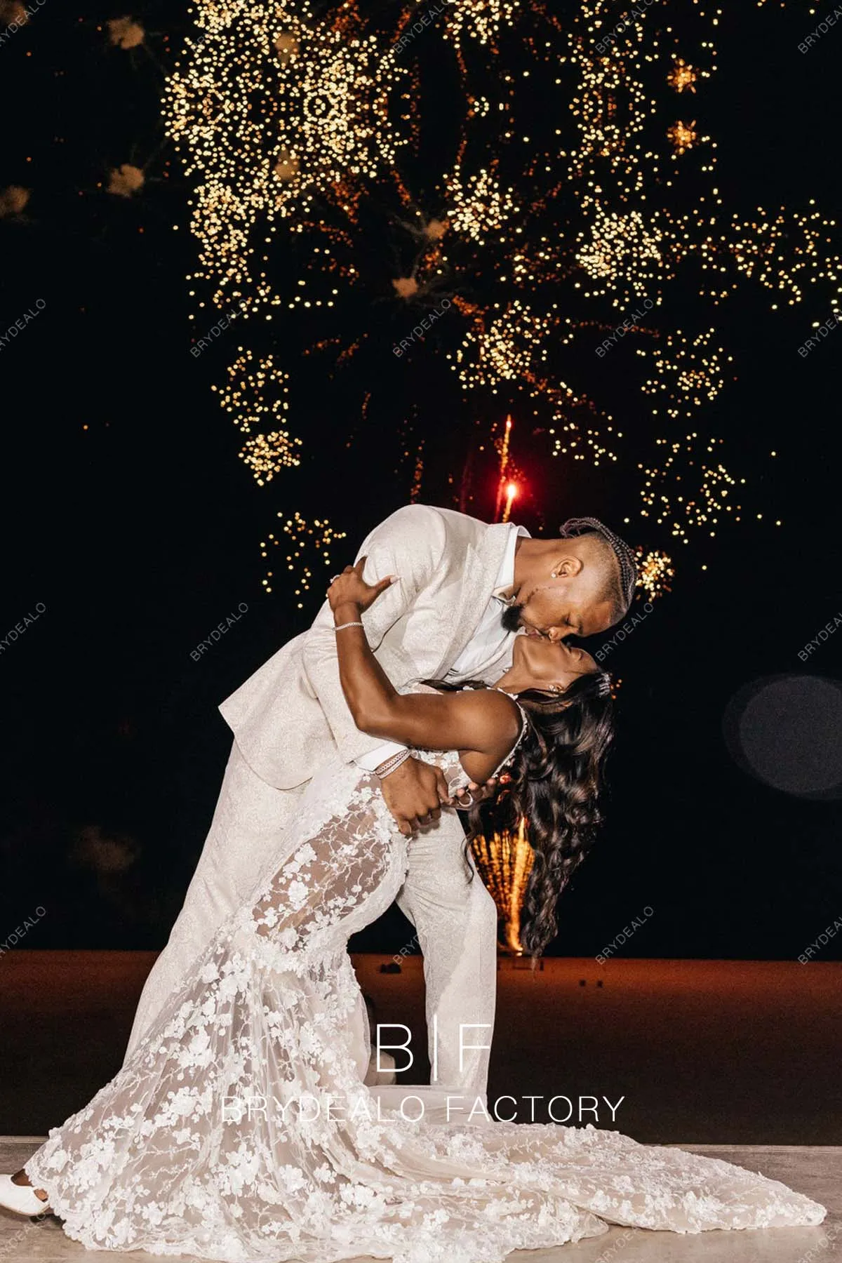 Simone Biles Designer Lace Cutouts Champagne Trumpet Wedding Reception Dress