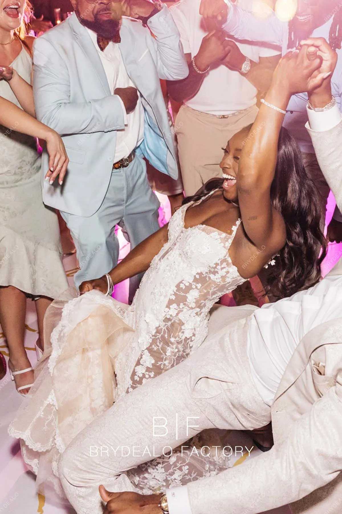 Simone Biles Designer Lace Cutouts Champagne Trumpet Wedding Reception Dress