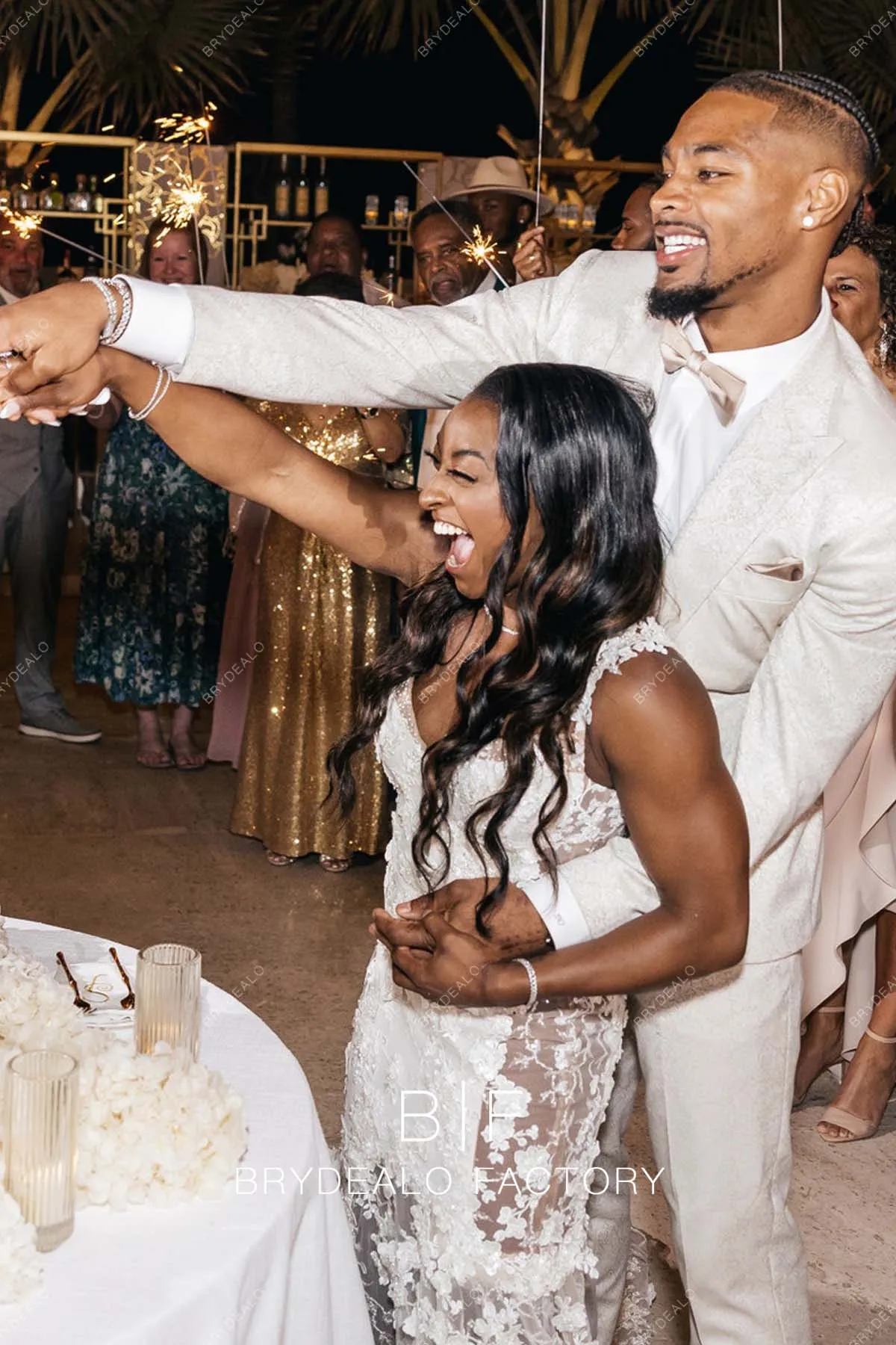 Simone Biles Designer Lace Cutouts Champagne Trumpet Wedding Reception Dress