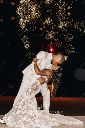 Simone Biles Designer Lace Cutouts Champagne Trumpet Wedding Reception Dress