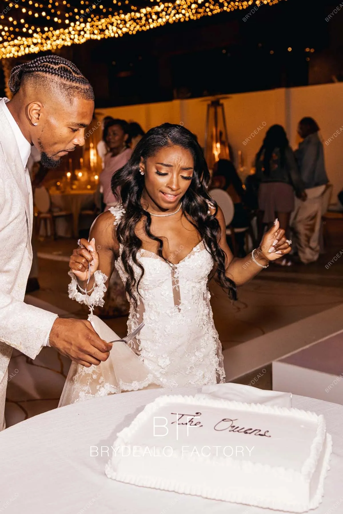 Simone Biles Designer Lace Cutouts Champagne Trumpet Wedding Reception Dress