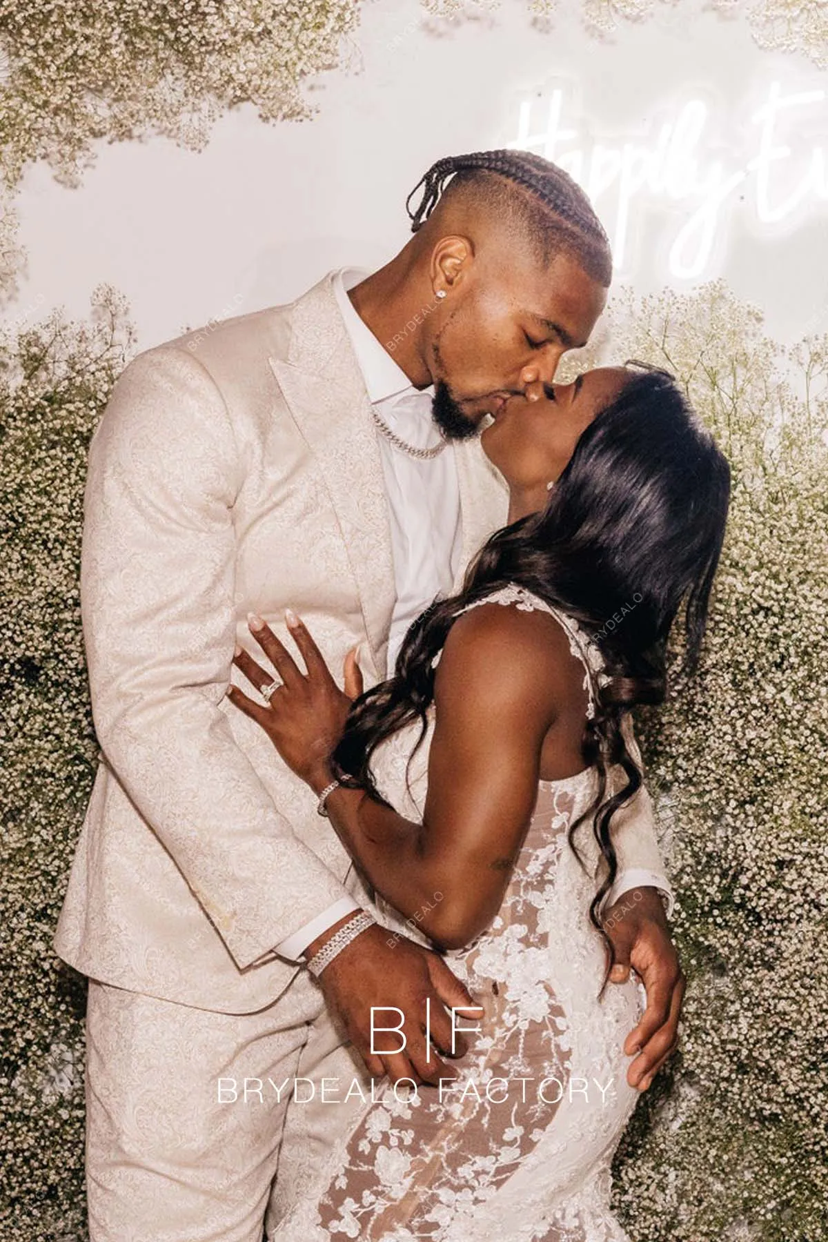 Simone Biles Designer Lace Cutouts Champagne Trumpet Wedding Reception Dress
