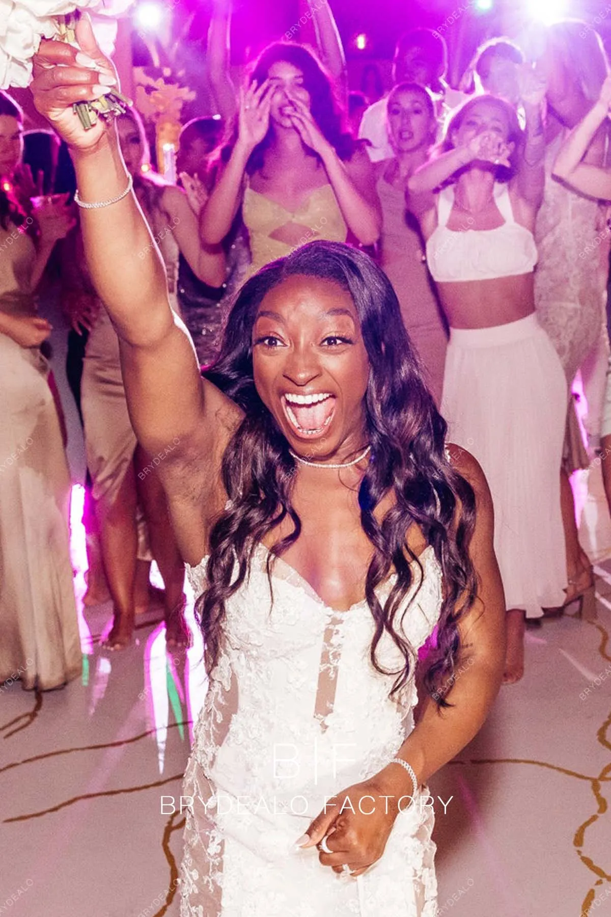Simone Biles Designer Lace Cutouts Champagne Trumpet Wedding Reception Dress