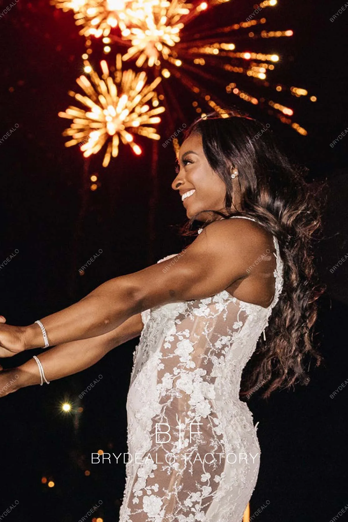 Simone Biles Designer Lace Cutouts Champagne Trumpet Wedding Reception Dress
